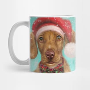 Painting of a Cute Christmas Vizsla Puppy with Red Santa Hat and a Festive Bow Tie Mug